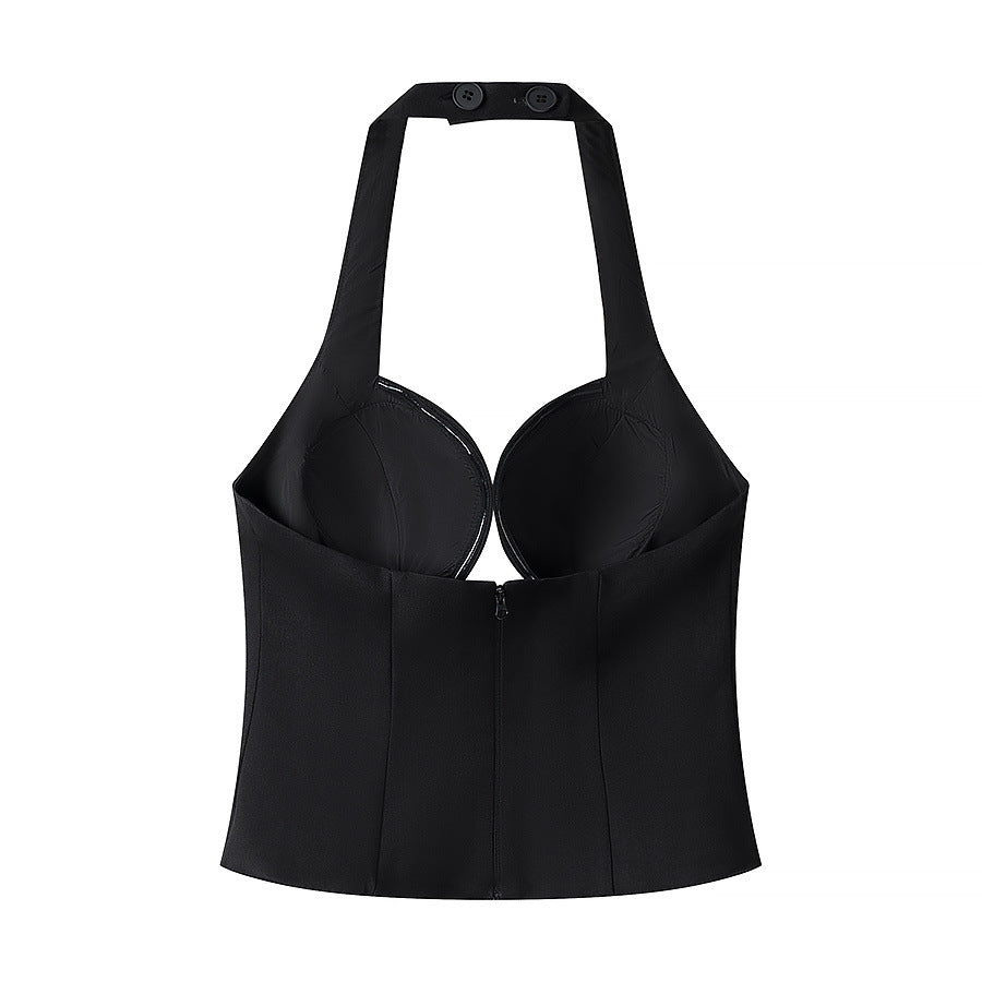 Hanger back view of black halter top highlighting the smooth finish and fitted cropped design
