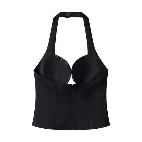 Hanger back view of black halter top highlighting the smooth finish and fitted cropped design