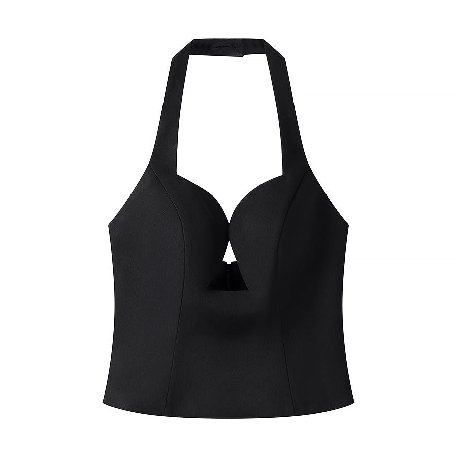 Hanger view of black halter top showing the sweetheart neckline, molded cups, and front keyhole cutout