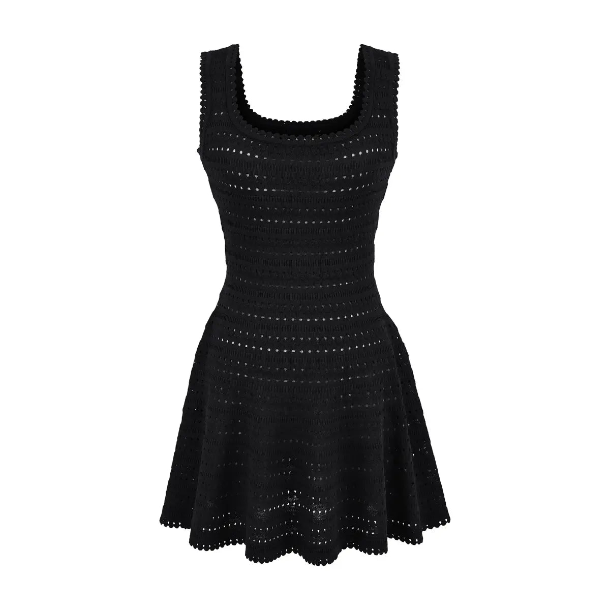 Front view of black hollow-out knit sleeveless dress