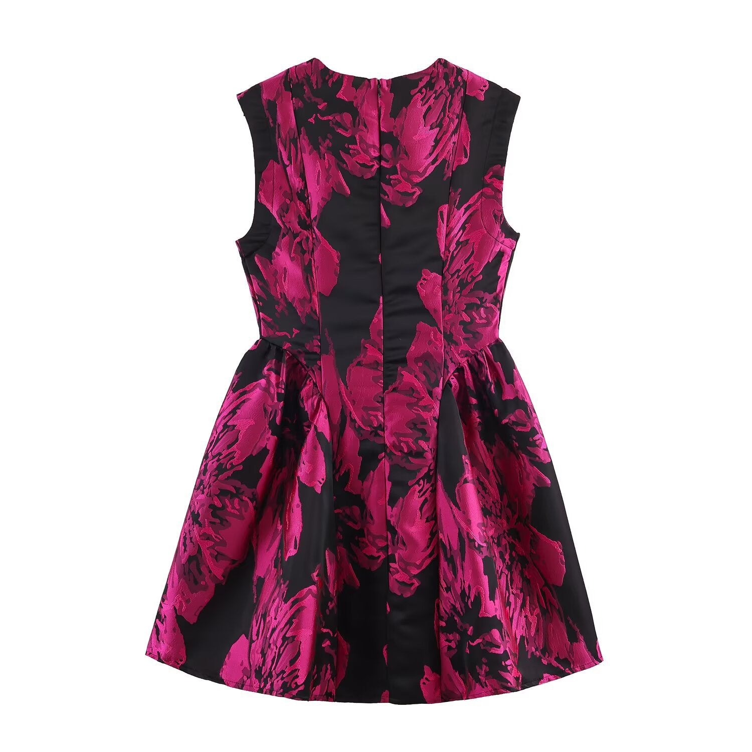 Back flat view black hot pink floral print back zip sleeveless waist fitted flared hem mini party dress, elegant chic sundress