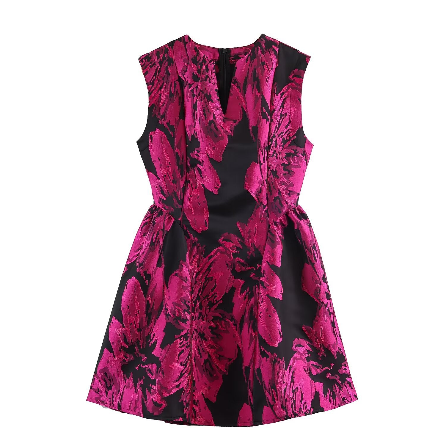 Front flat view black hot pink abstract floral print notch V neck sleeveless high waist fitted flared hem slim mini dress, elegant chic vintage party sundress