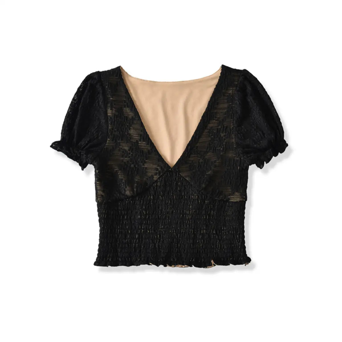 Black lace puff sleeve top, front view on white background