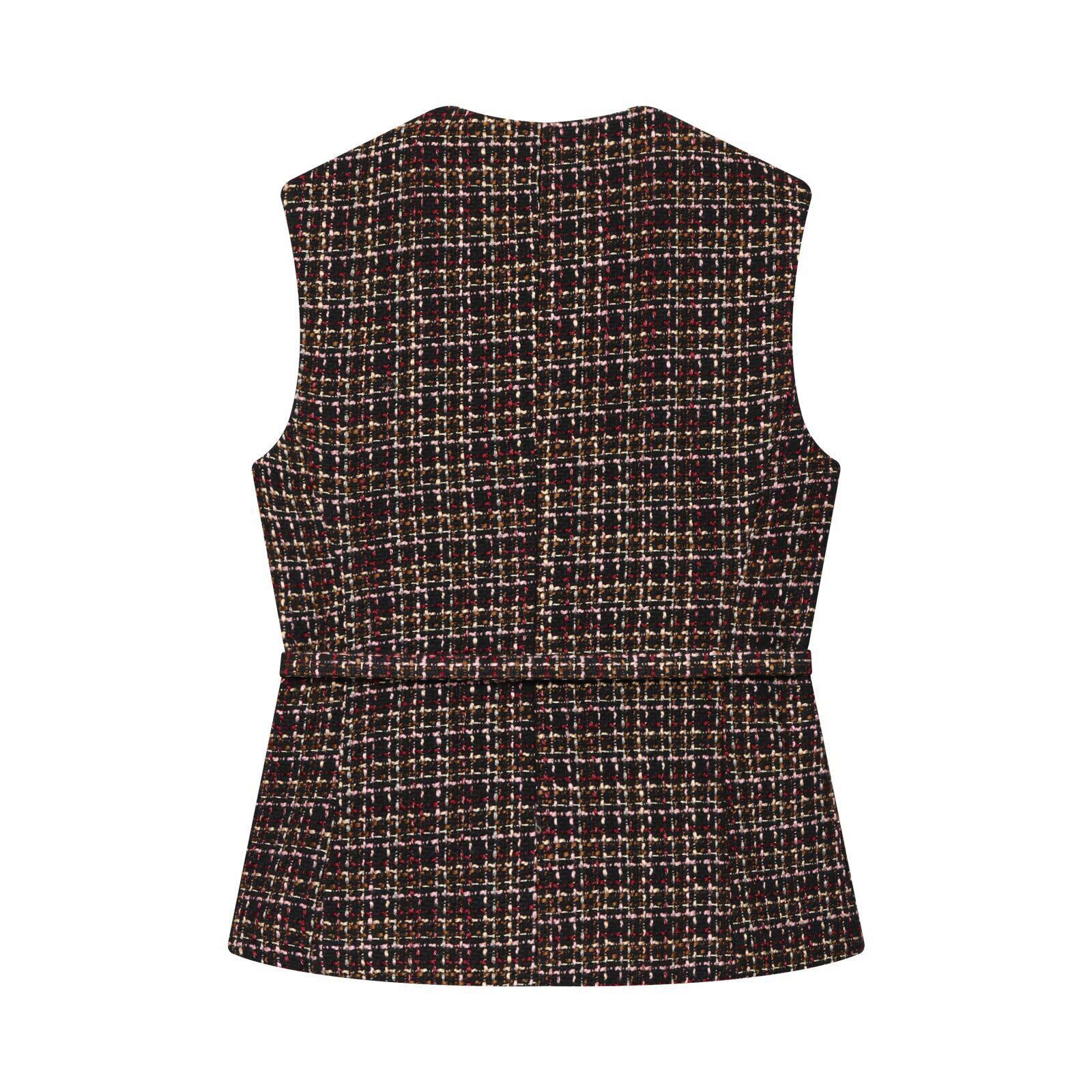 Back flat view black tweed check round neck sleeveless belt waist fitted vintage elegant vest top, chic luxury casual outwear