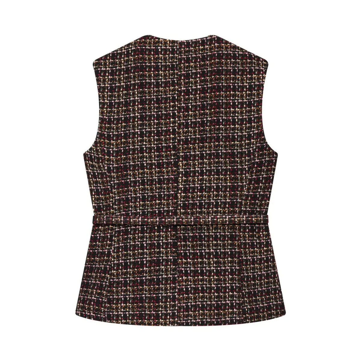 Back view of multicolor tweed sleeveless vest with matching waist belt, white background product shot
