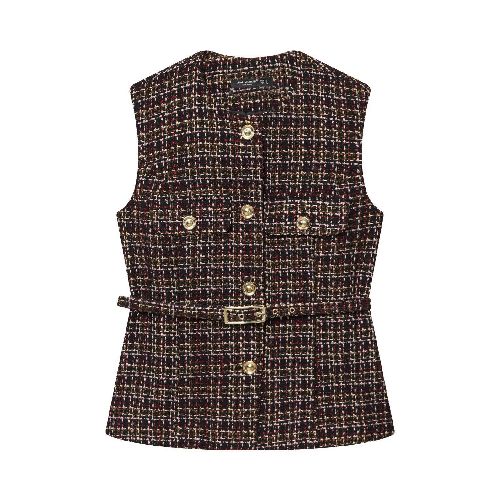 Front flat view black mixed color tweed check round neck sleeveless gold button pocket belt waist cinched slim fitted vintage elegant vest tank top, chic luxury office casual outwear