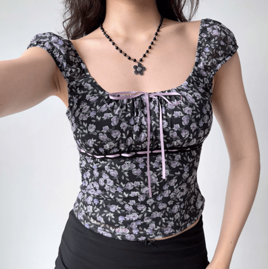 Women black purple floral off shoulder puff short sleeve lilac tie front mesh slim fitted crop top, elegant vintage romantic blouse