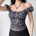 Front view black tiny purple floral off shoulder square neck puff sleeve crop top, lilac ribbon tie front mesh slim vintage blouse
