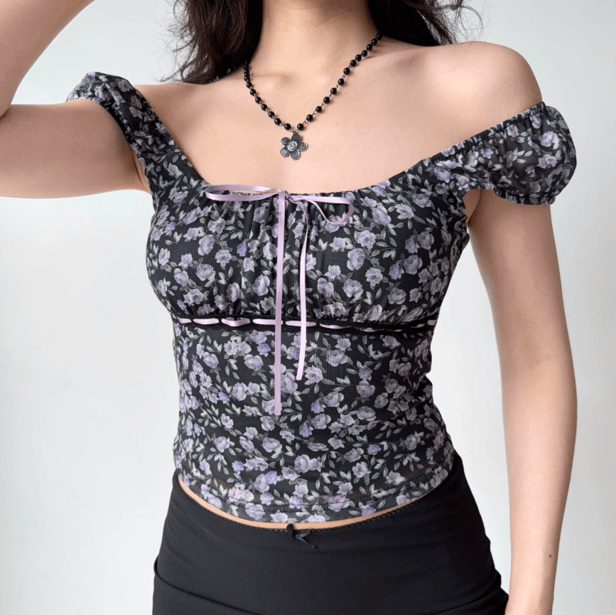 Front view black tiny purple floral off shoulder square neck puff sleeve crop top, lilac ribbon tie front mesh slim vintage blouse