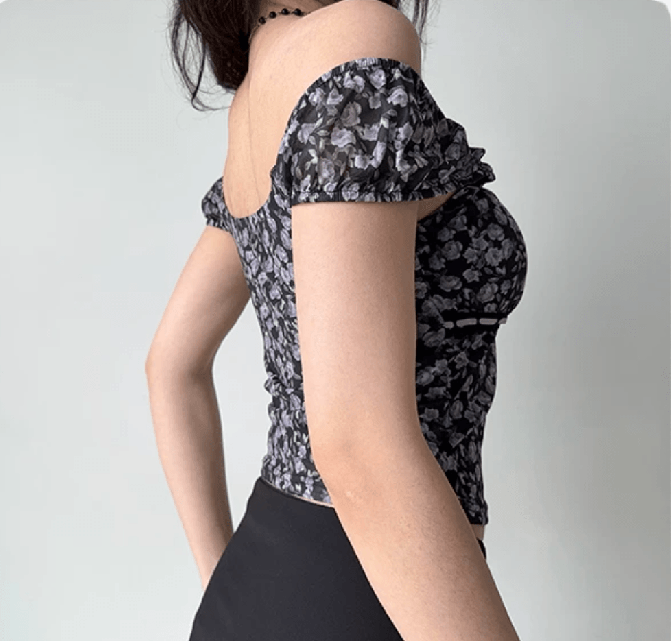 Side back view black purple floral off shoulder puff sleeve mesh crop top, lilac tie front waist trim slim elegant vintage blouse