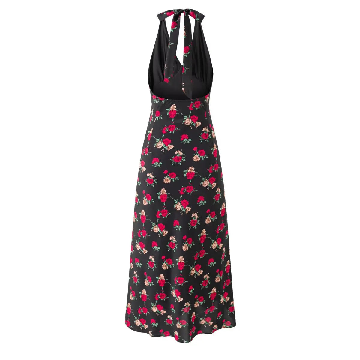 ack view of black rose print halter maxi dress