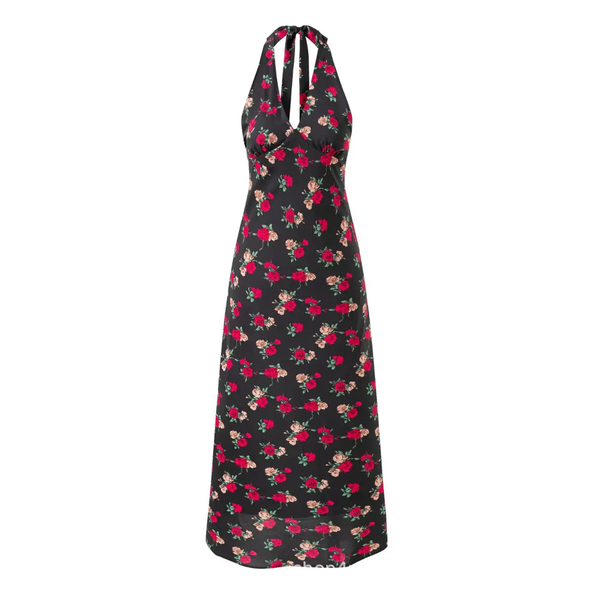 Front view of black rose print halter maxi dress