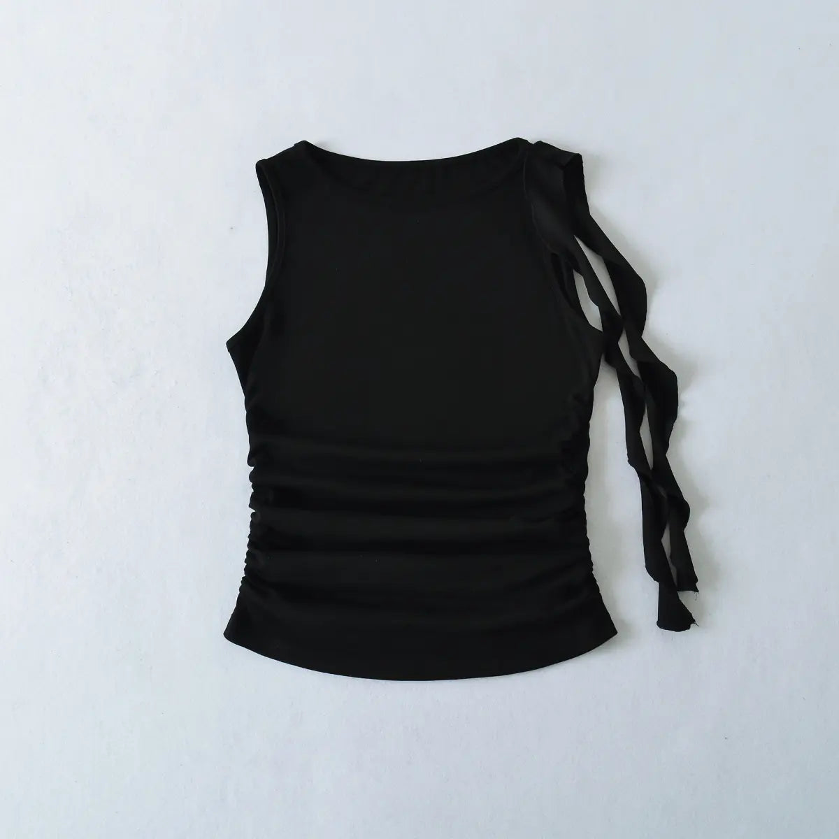 Front view of black ruched tank top with ruffle strap detail