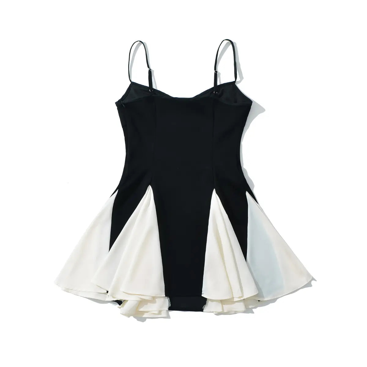 Back view of black and white colorblock cami dress