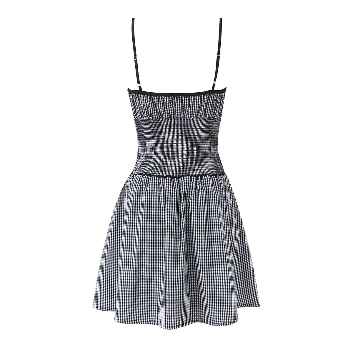 Back view of black and white gingham smocked cami dress