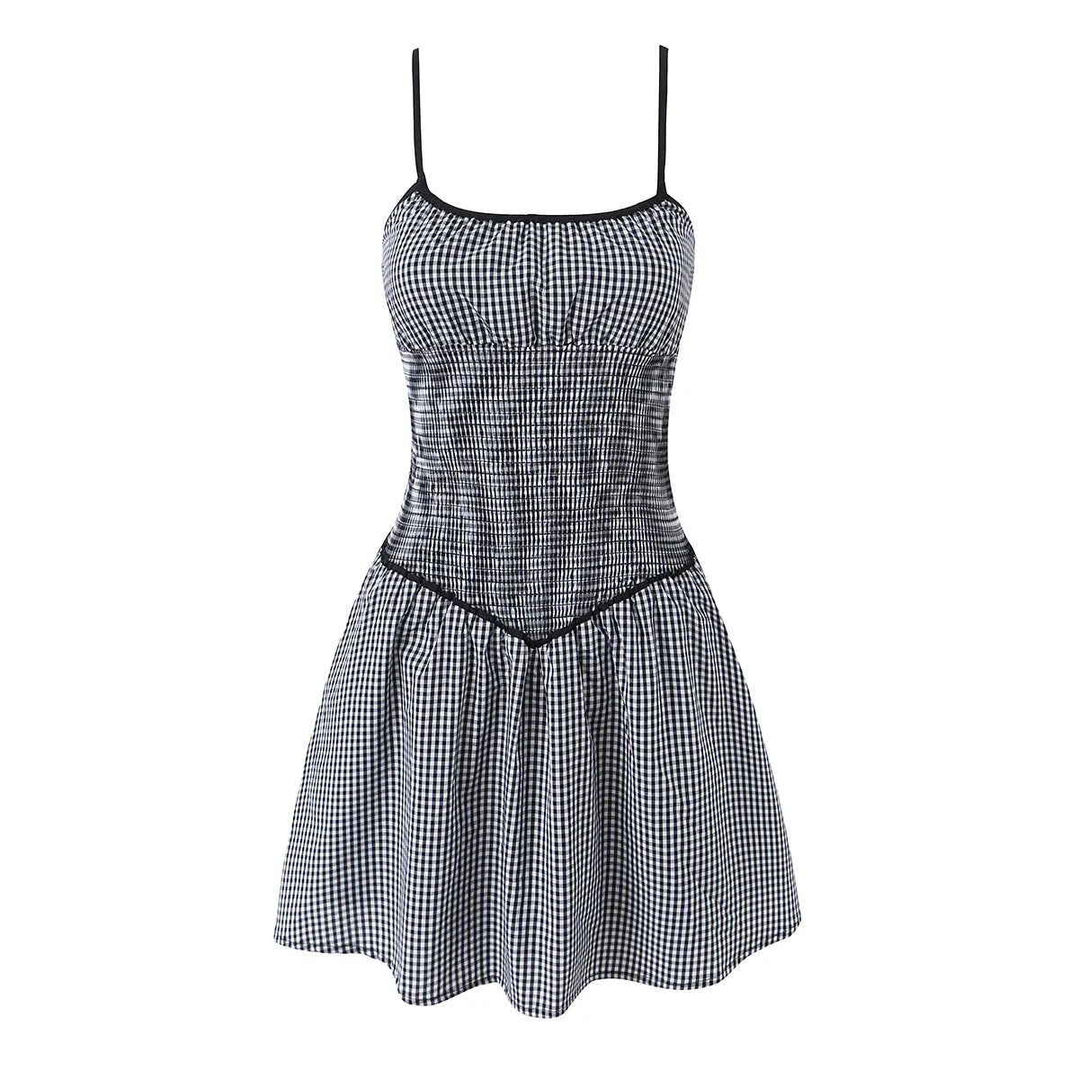 Front view of black and white gingham smocked cami dress with ruffled hem
