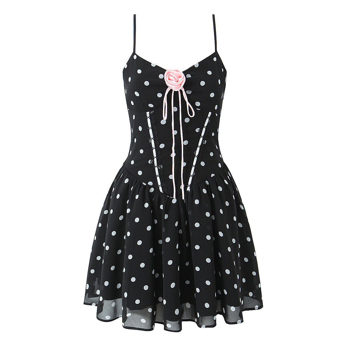 Front flat view black white polka dot pink rose flower bow tie corset spaghetti strap high waist flared hem mini party dress, elegant romantic vintage sundress