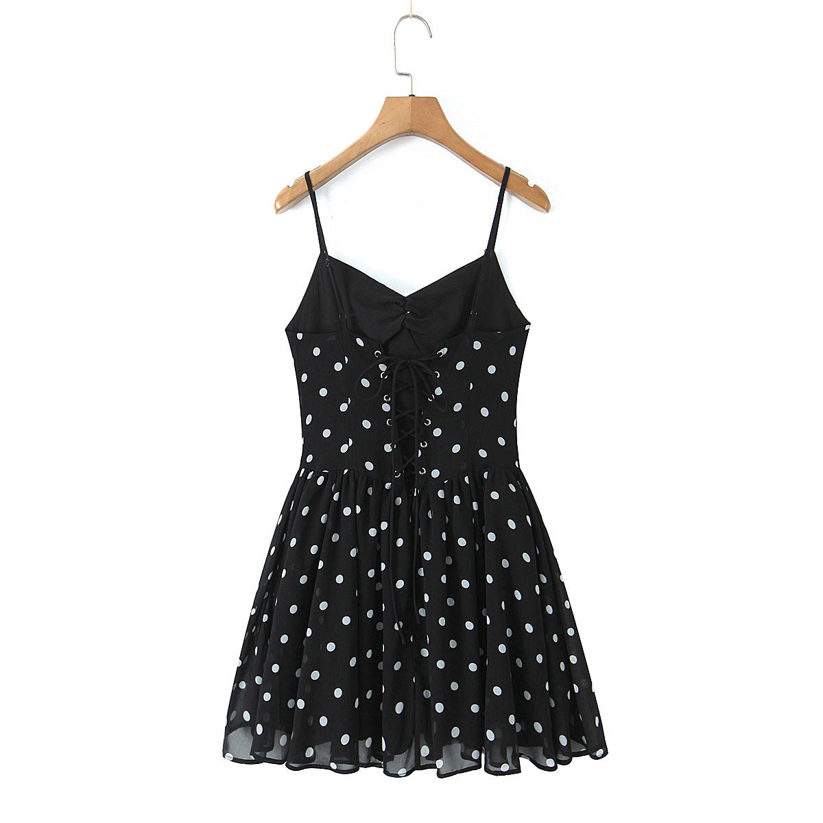 Back hang view black polka dot back lace up bow spaghetti strap high waist flared mini party dress, elegant romantic vintage sundress