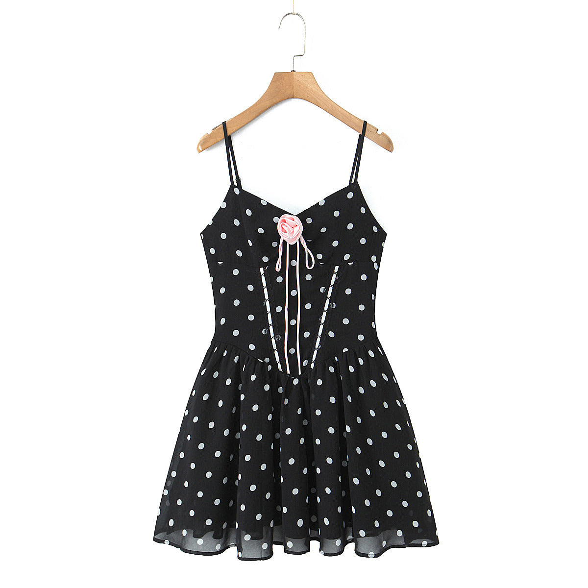 Front hang view black polka dot pink rose decor lace trim corset spaghetti strap flared mini dress, elegant romantic vintage sundress