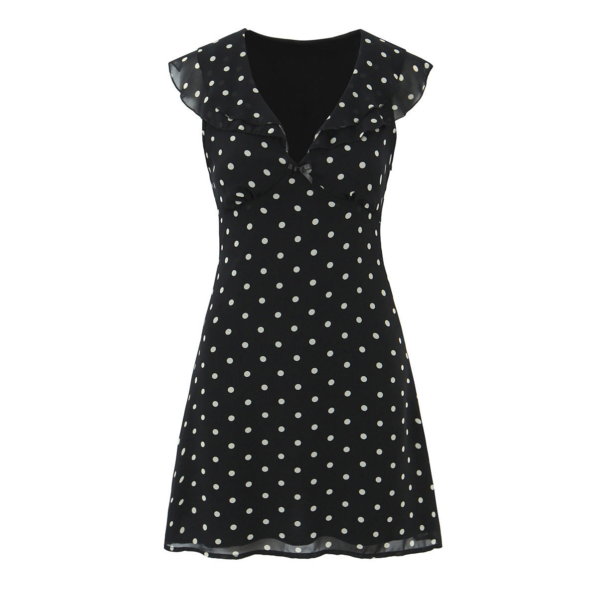 Front flat view black white polka dot ruffle collar V-neck mini dress, retro chic women party dress