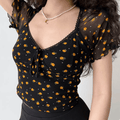 Women black tiny yellow floral lace trim square neck mesh crop top, tie front ruffle short sleeve slim casual vintage blouse