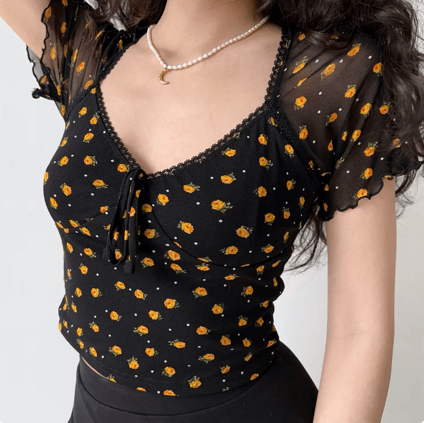 Women black tiny yellow floral lace trim square neck mesh crop top, tie front ruffle short sleeve slim casual vintage blouse