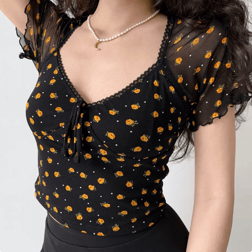 Women black tiny yellow floral lace trim square neck mesh crop top, tie front ruffle short sleeve slim casual vintage blouse