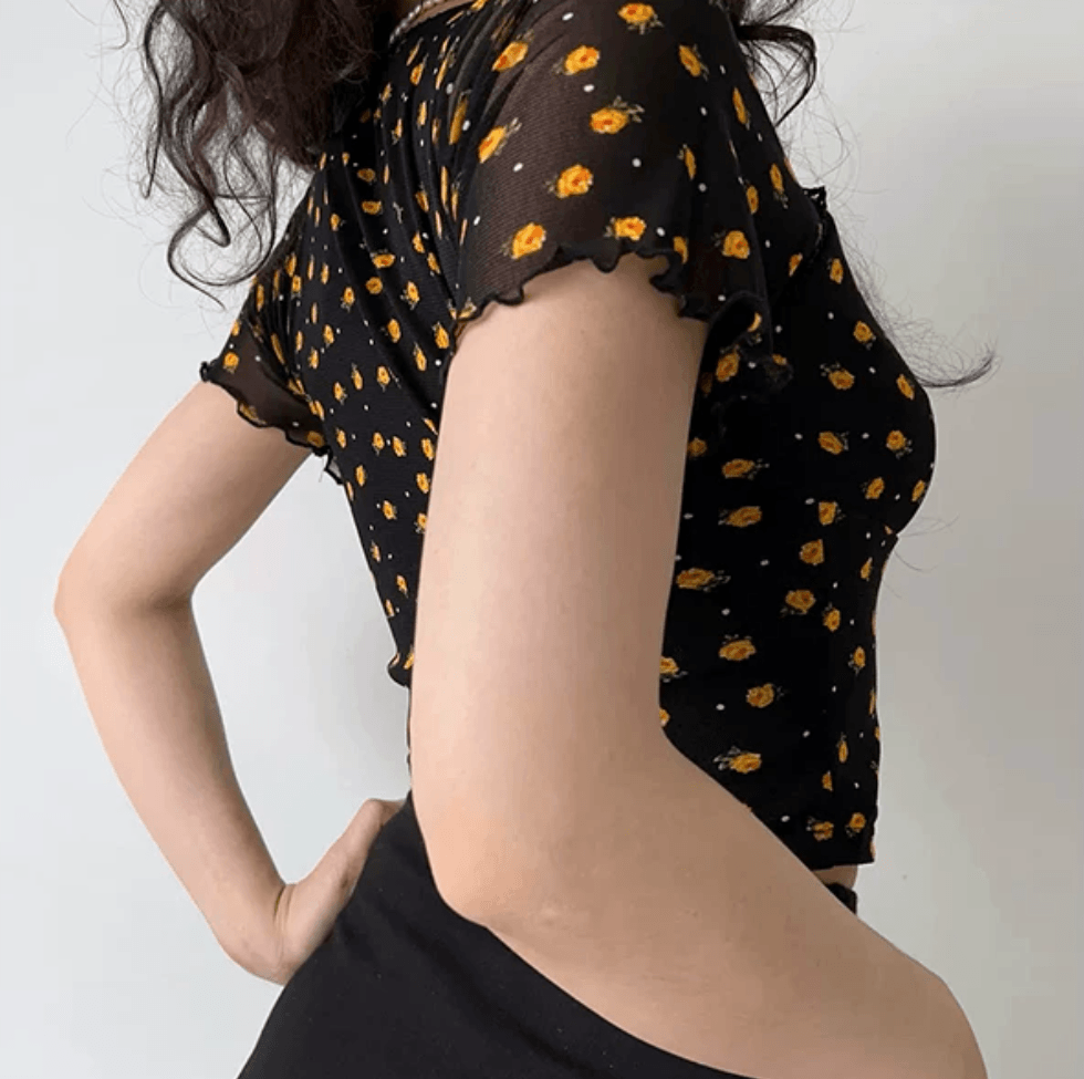 Side back view black yellow floral mesh short sleeve crop top, lace trim tie front ruffle sleeve slim casual vintage blouse