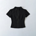Front view of black zip-up cropped t-shirt