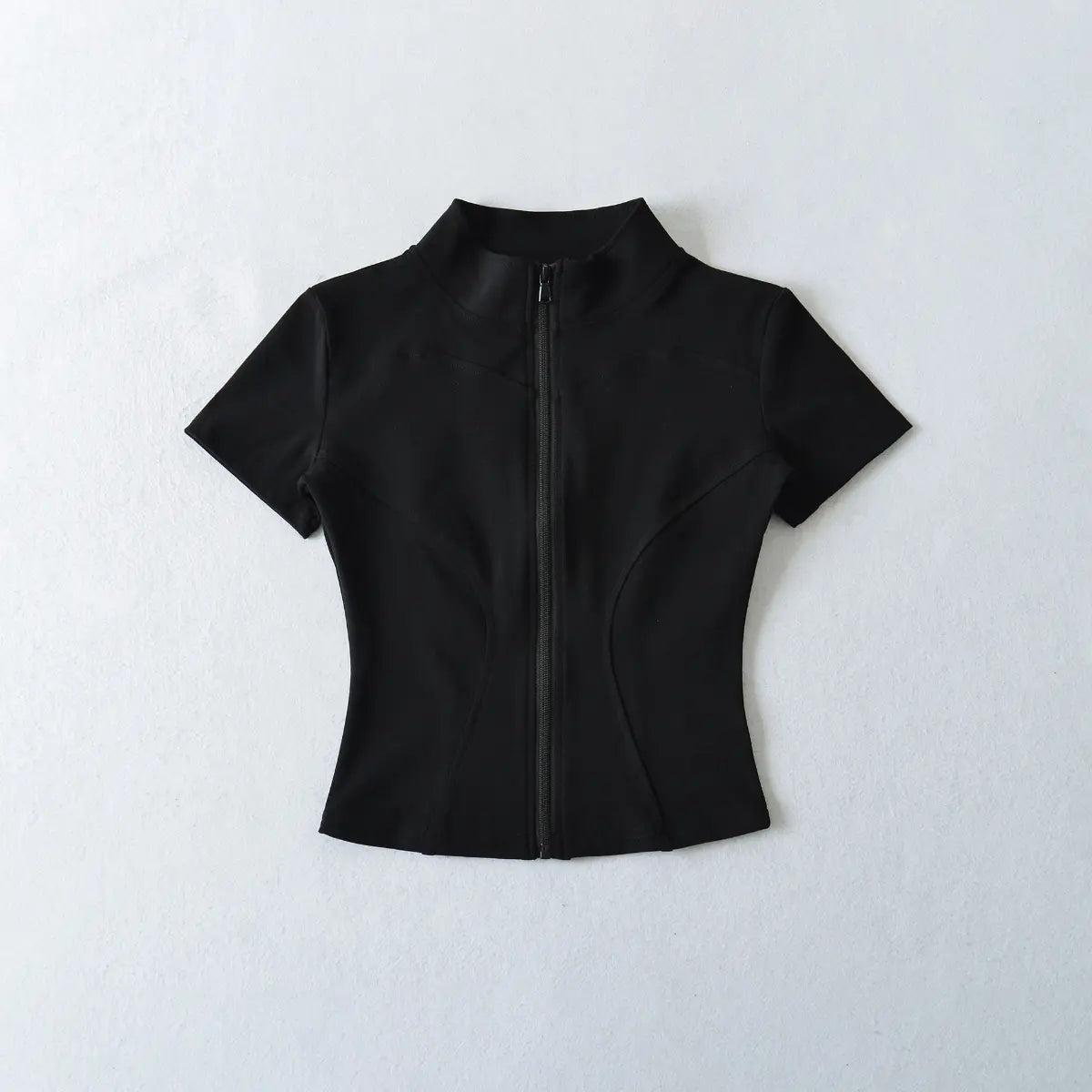 Front view of black zip-up cropped t-shirt