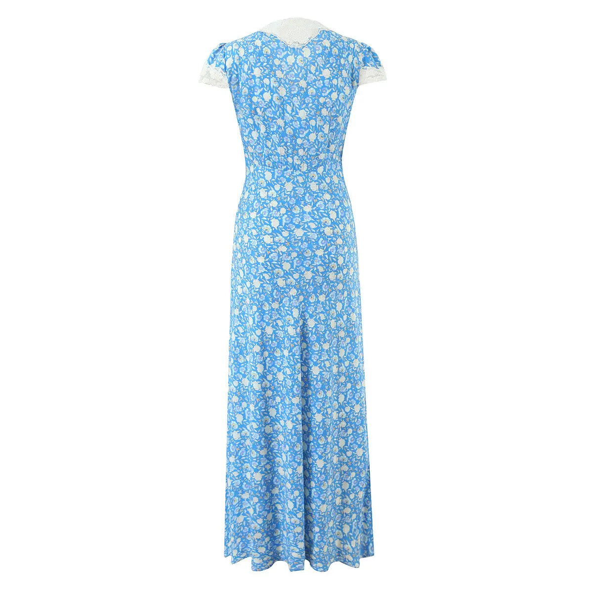 Blue ditsy floral lace-trim maxi dress, back view on white background