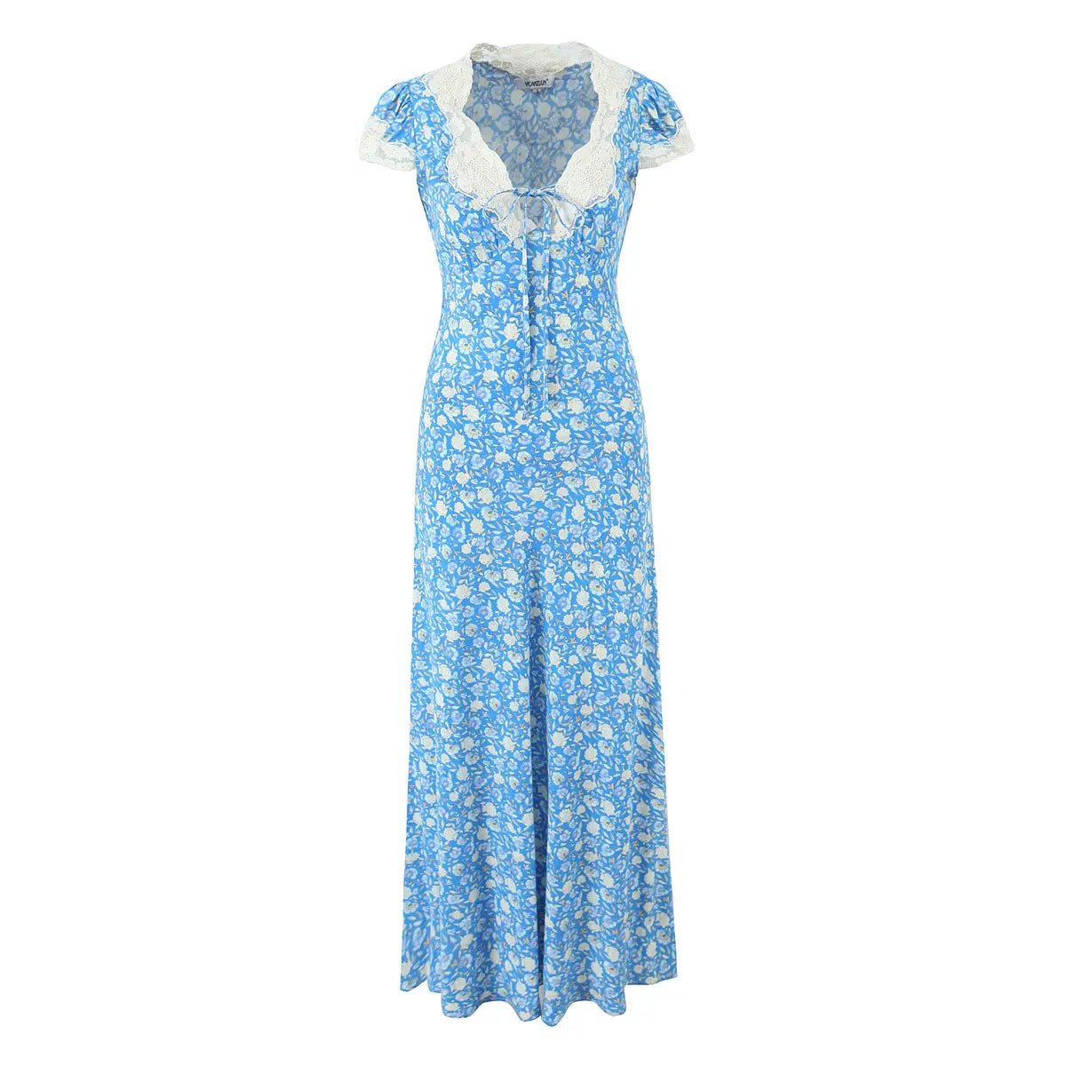 Blue ditsy floral lace-trim maxi dress, front view on white background