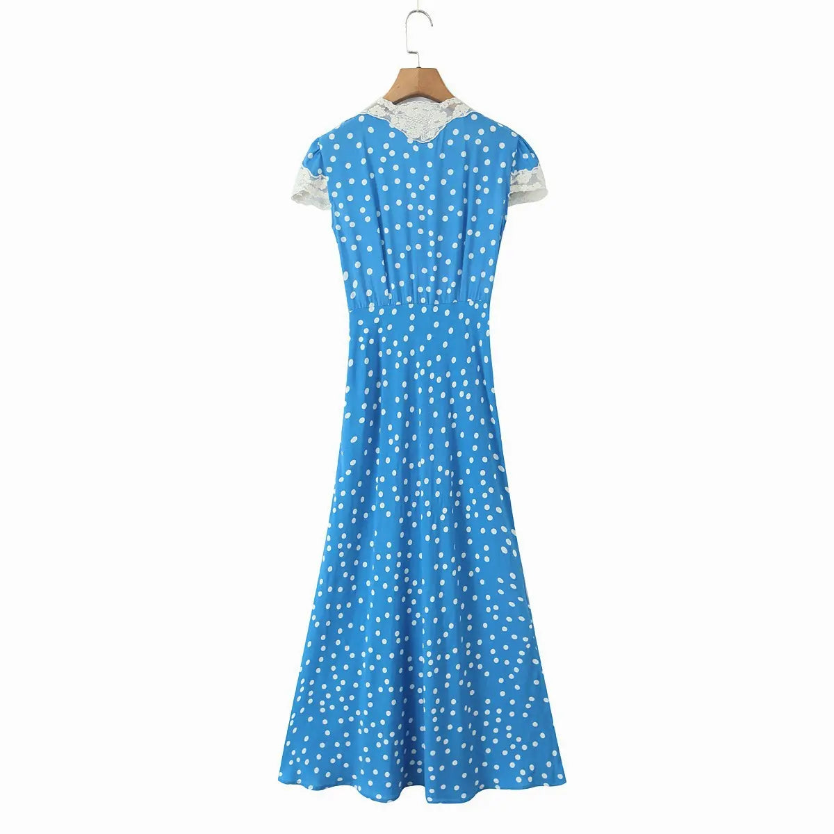 Blue ditsy print lace-trim maxi dress, back view on white background