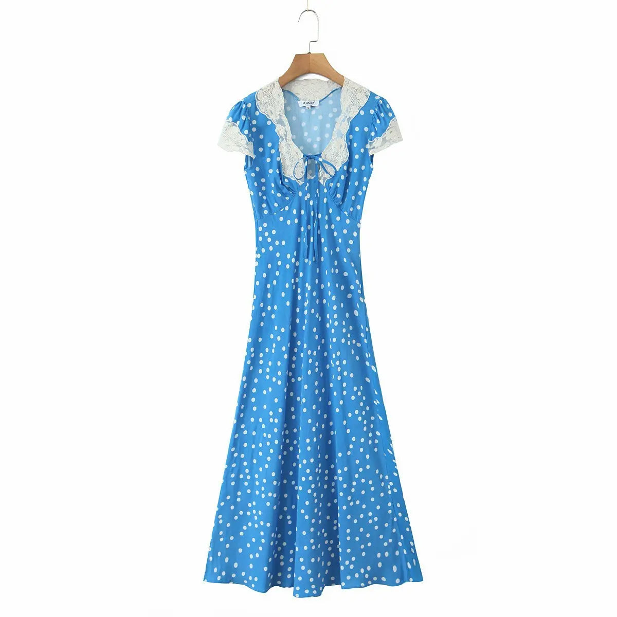 Blue ditsy print lace-trim maxi dress, front view on white background
