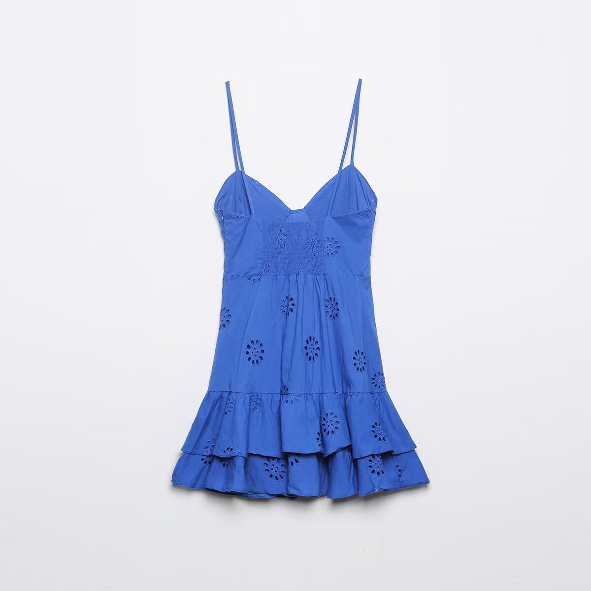 Hanger back view of blue eyelet lace dress with spaghetti straps and ruffled hem