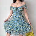 Off-shoulder view of blue floral mini dress