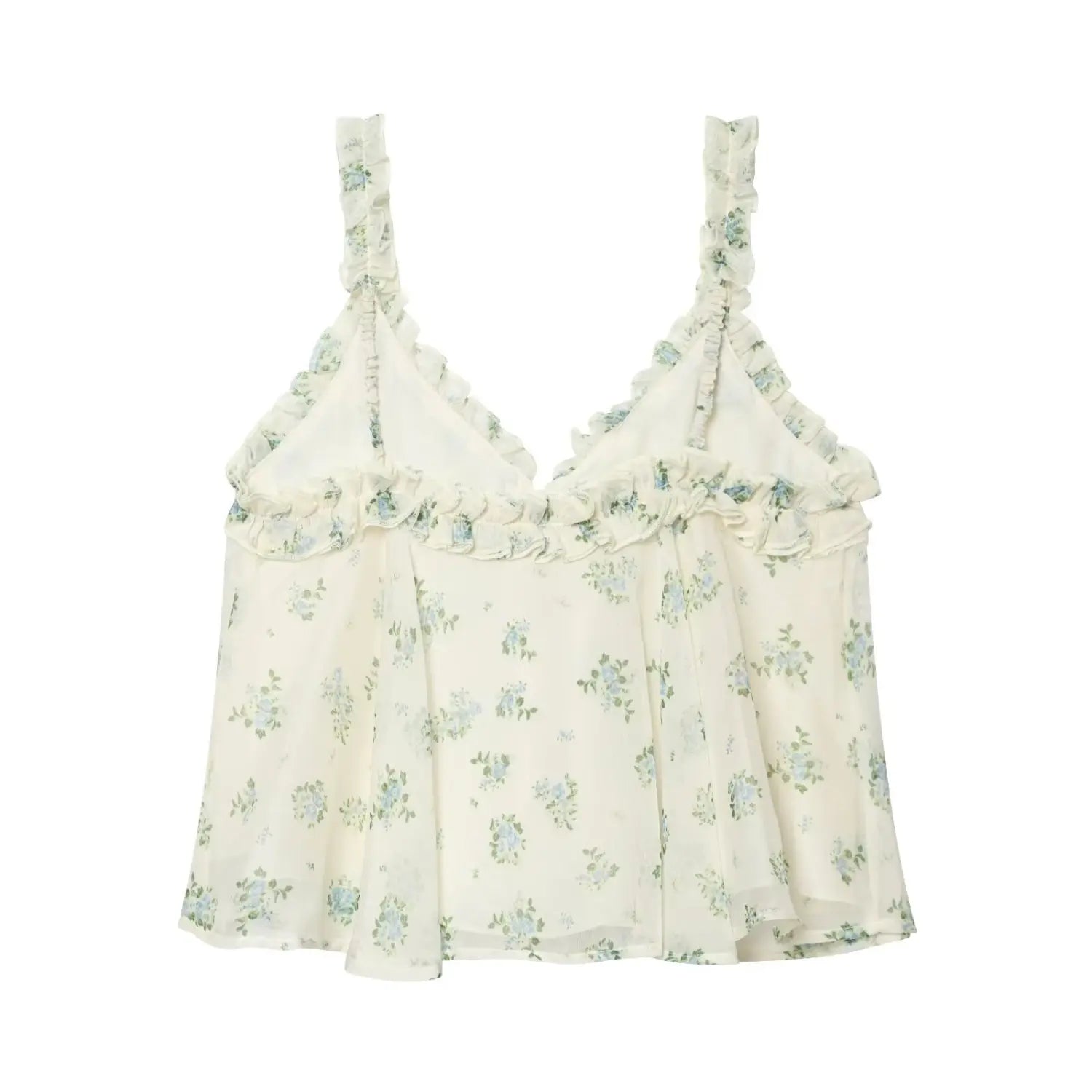 Studio complete back view of floral cami tank, ruffle elastic adjustable straps, full frill trim back neckline, solid inner lining