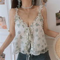 Full front shot of drawstring ruched floral cami top, full frill trim along neck and straps, loose swing mini hem