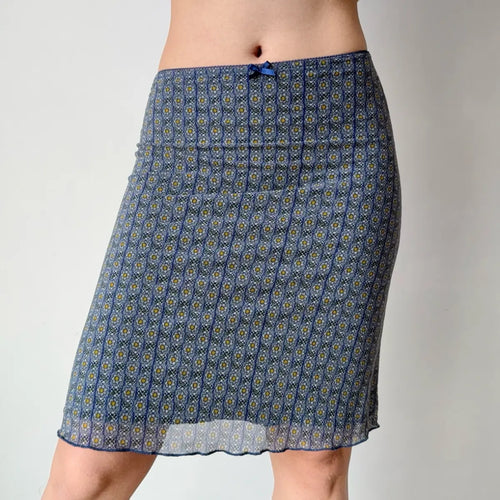 Side view of blue floral mesh midi skirt