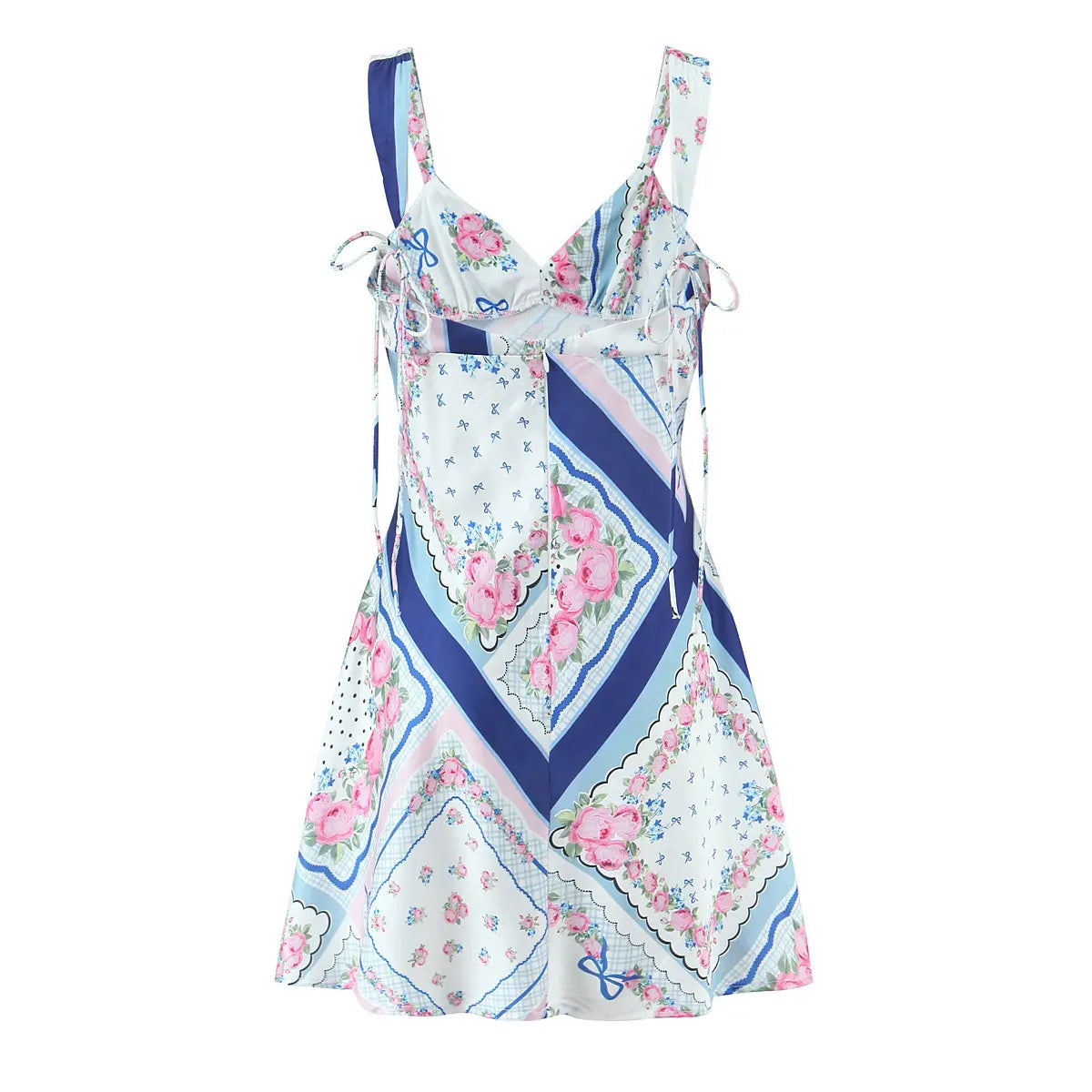 Back view of blue and pink rose scarf print cami mini dress with adjustable straps