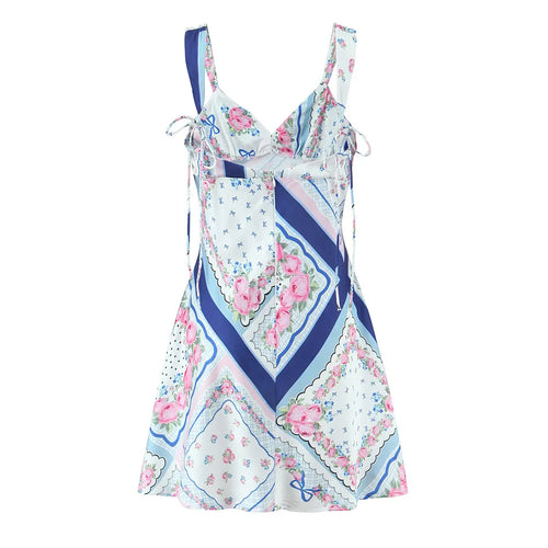 Back view of blue and pink rose scarf print cami mini dress with adjustable straps