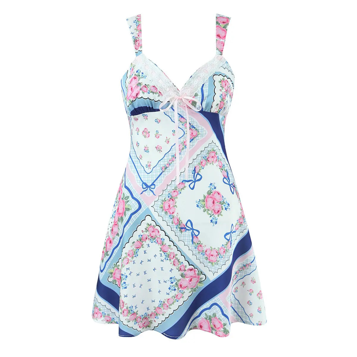 Front view of blue and pink rose scarf print cami mini dress with lace-trimmed V-neck