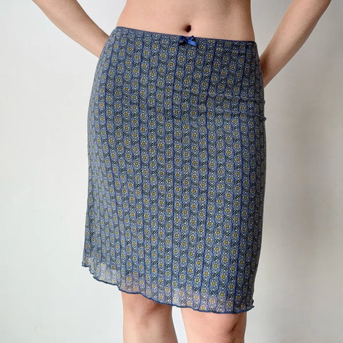 Blue vintage floral mesh midi skirt with ruffled hem