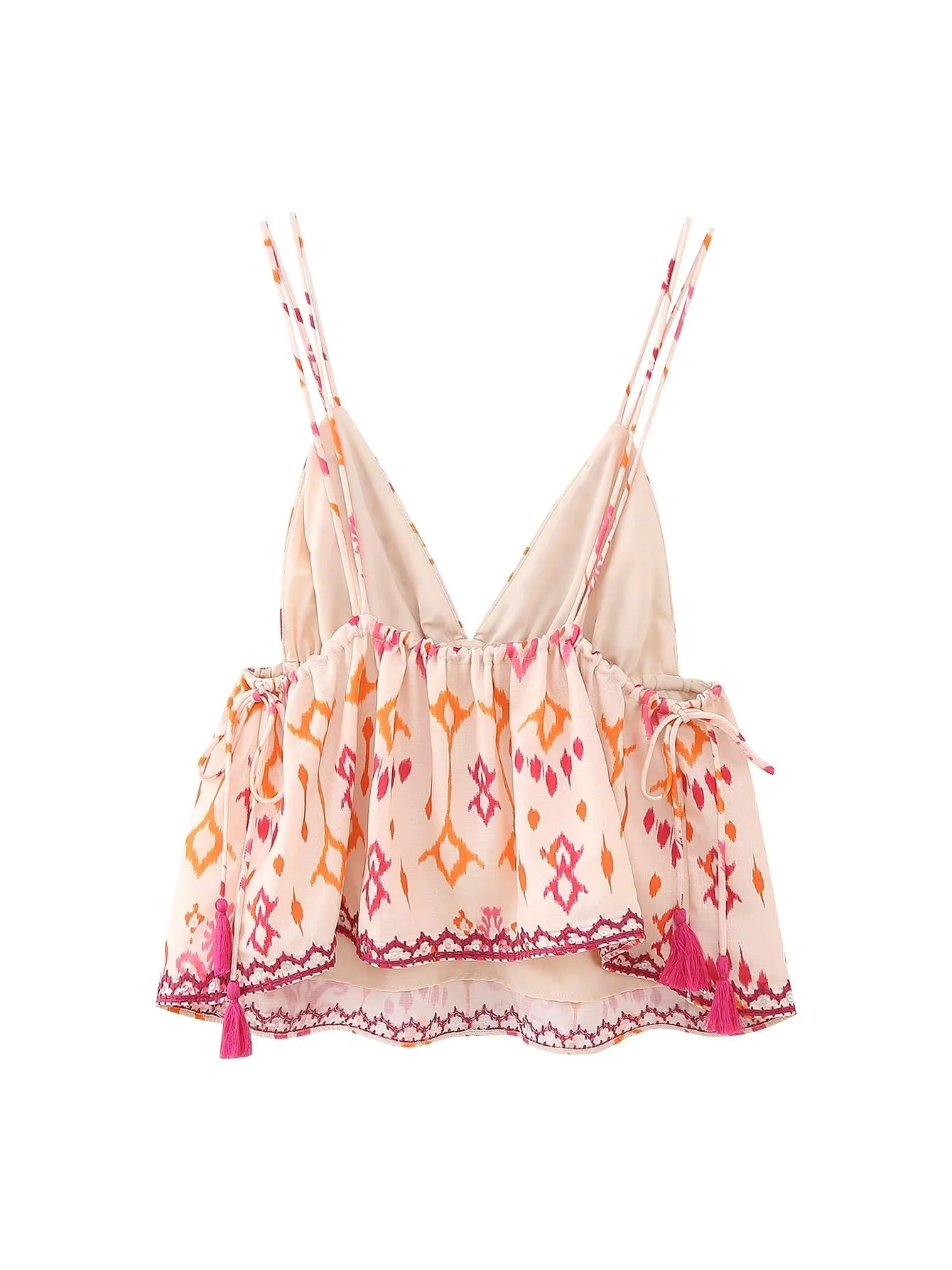 Women boho geometric ethnic print tassel decor double thin strap deep V neck peplum hem crop cami tank top, vintage bohemian casual blouse