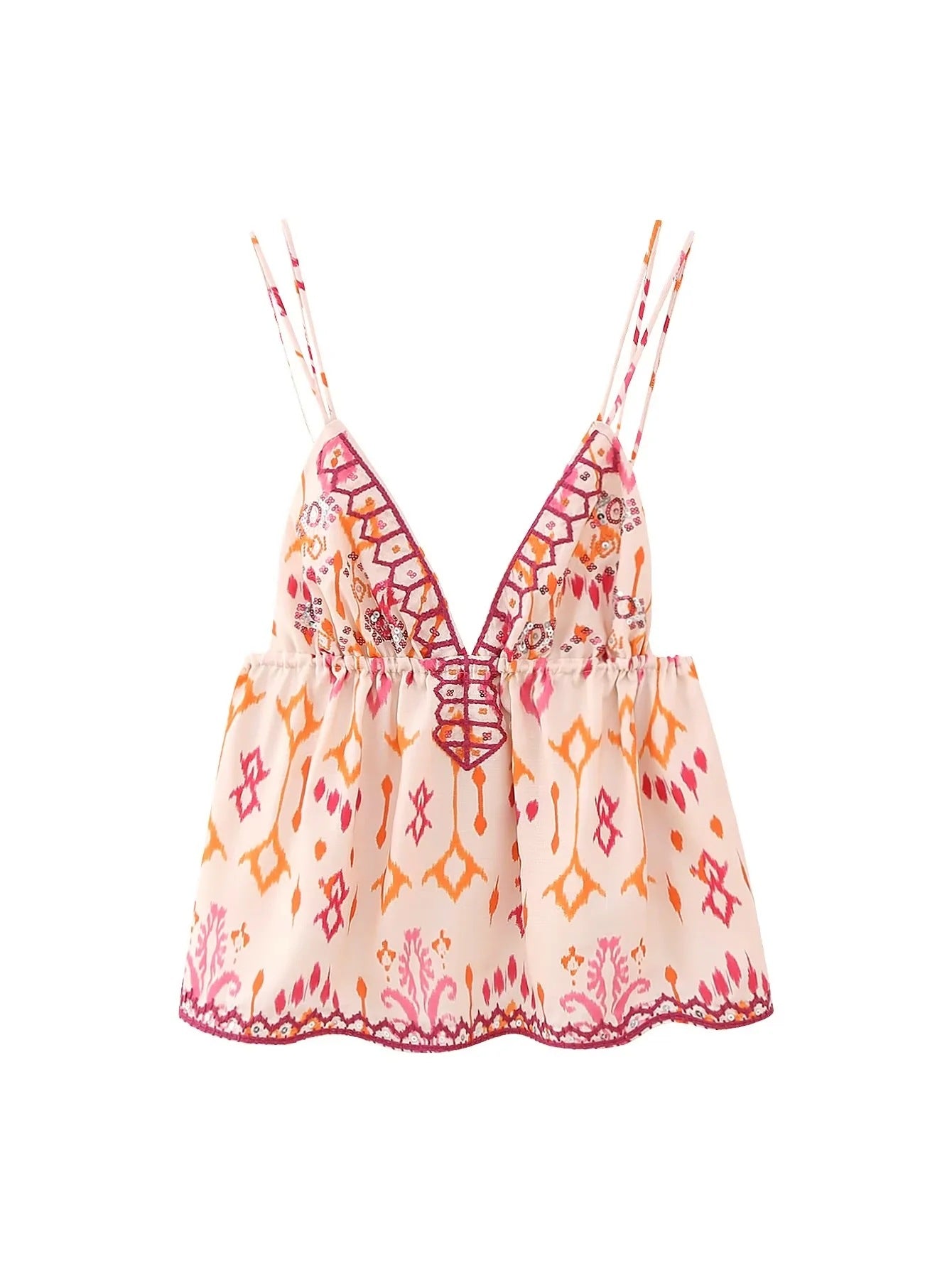 Front flat view boho ethnic geometric print embroidered trim deep V neck double strap peplum hem slim crop cami top, vintage bohemian casual blouse