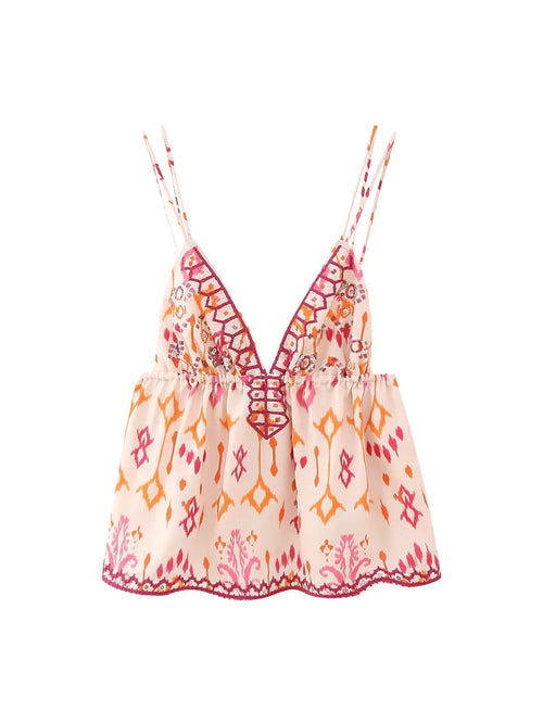 Front flat view boho ethnic geometric print embroidered trim deep V neck double strap peplum hem slim crop cami top, vintage bohemian casual blouse