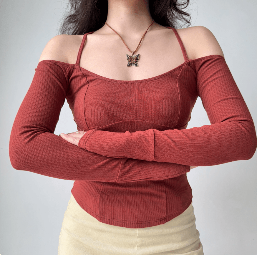 Front view brick red double strap off shoulder ribbed crop top, long sleeve slim waist fitted elegant casual vintage blouse