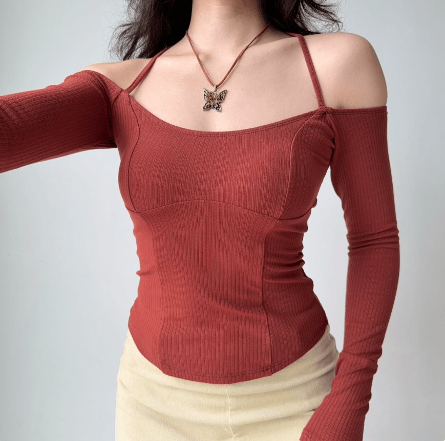 Women brick red halter crisscross strap off shoulder long sleeve crop top, ribbed knit slim fit elegant casual fitted blouse