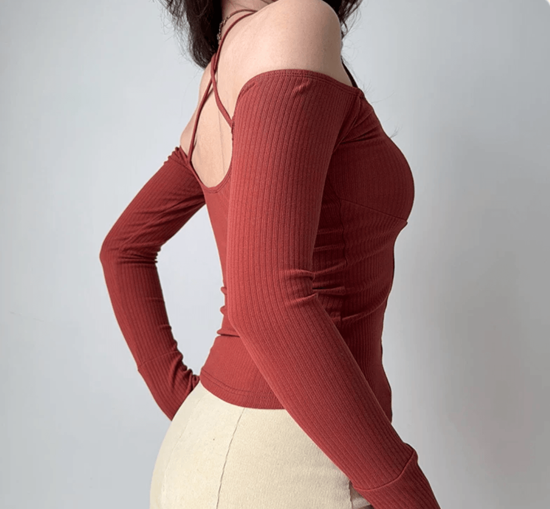 Women brick red crisscross back strap off shoulder long sleeve ribbed crop top, slim fit waist ruched elegant casual fitted blouse