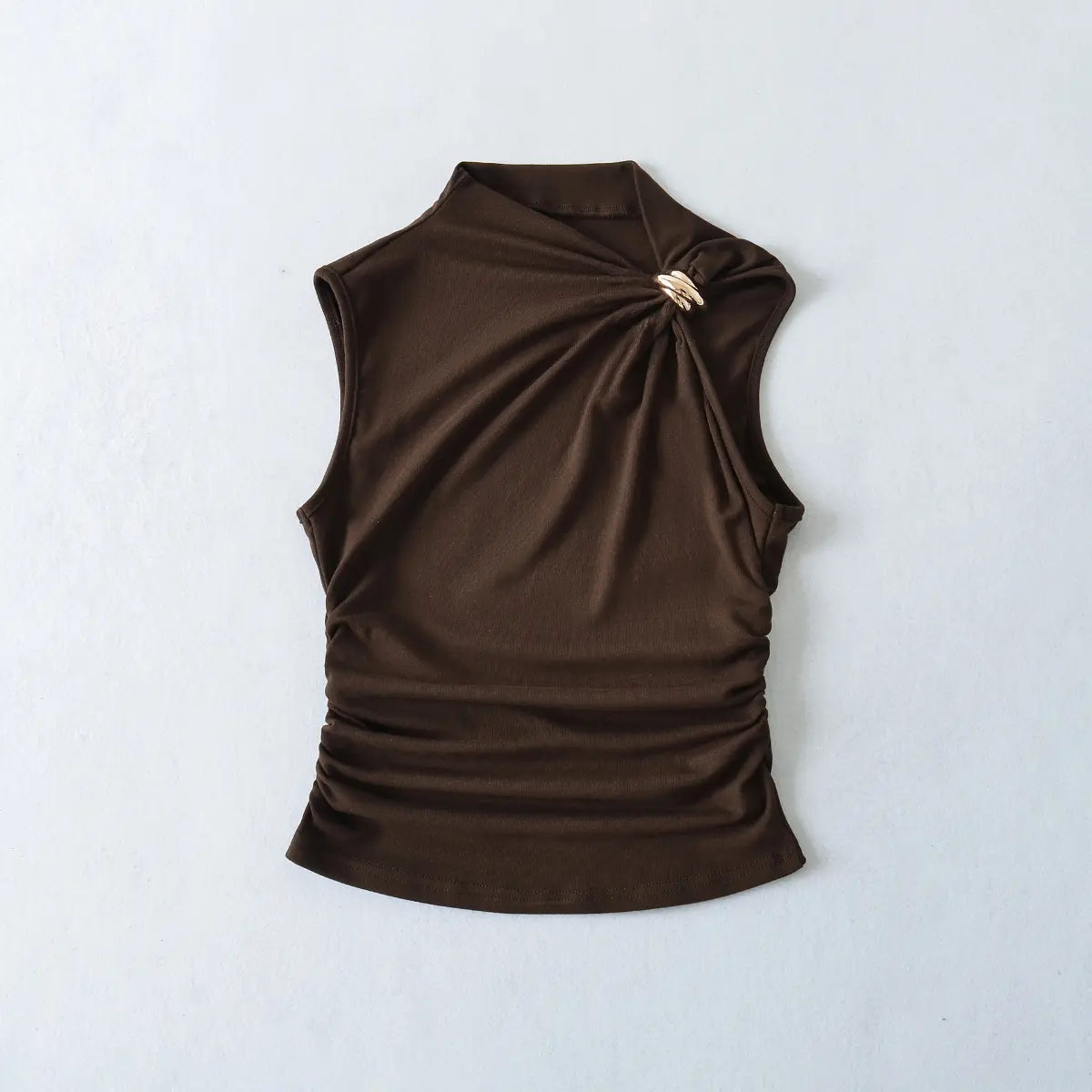 Front view of brown tank top with gold metal ring and side ruching